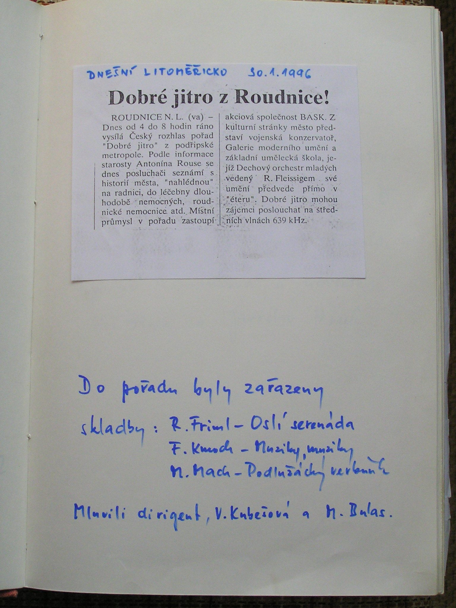 Kroniková stránka s článkem Dobré jitro z Roudnice