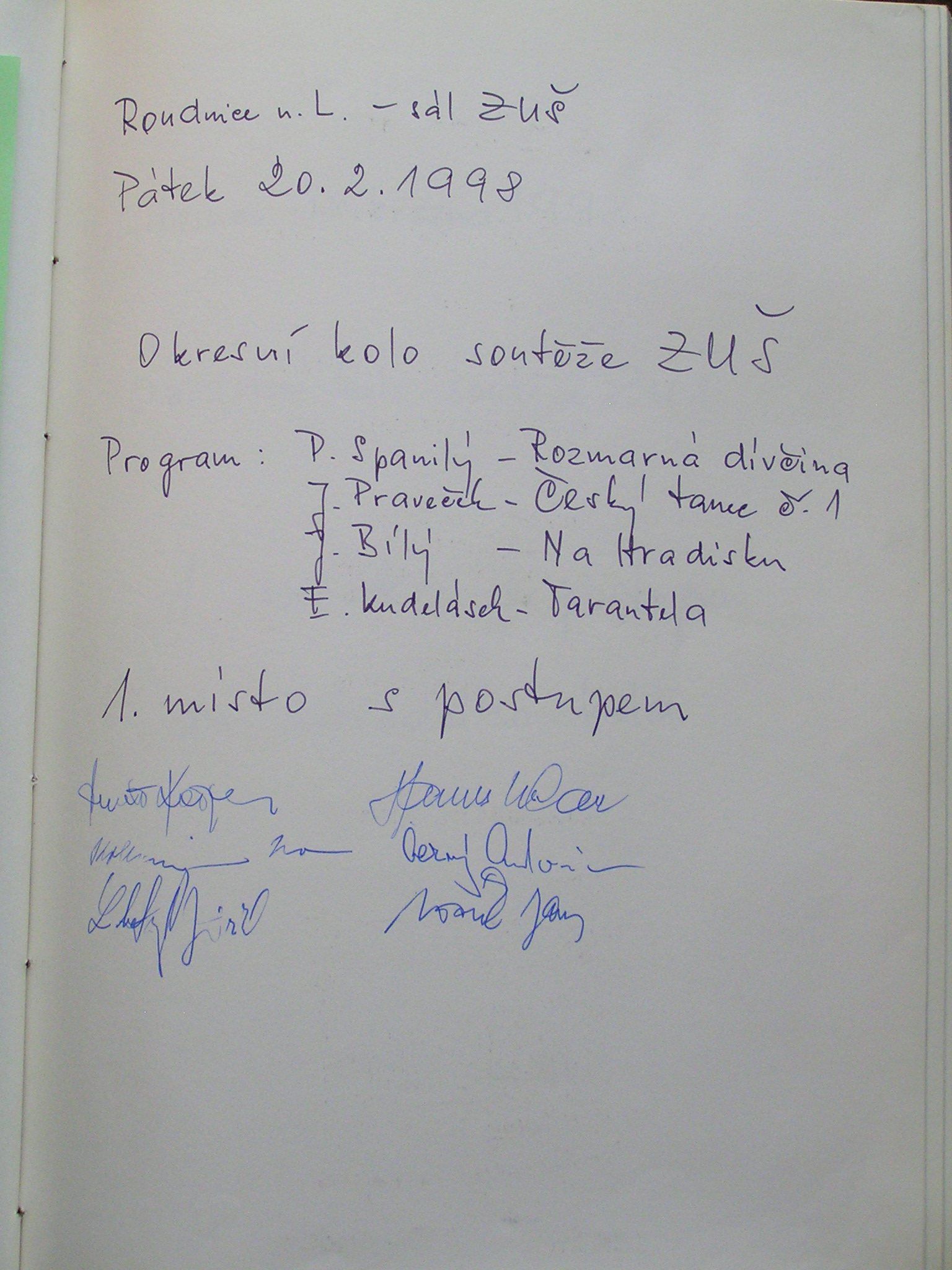 Kronikový zápis o prvním místě v okresním kole soutěže ZUŠ